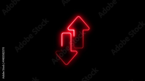 Glowing neon colorful Abstract double arrow icon with left and right side animation. digital technology blue neon motion graphic loop. on a black background Abstract double arrow icon with up and down