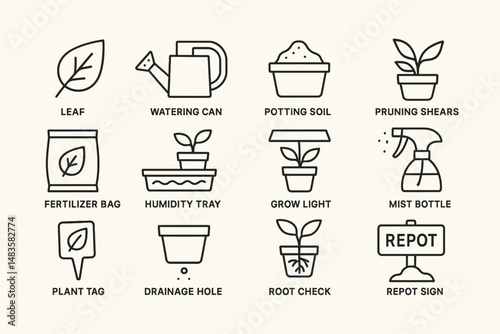 Essential indoor gardening tools icon set for plant care enthusiasts