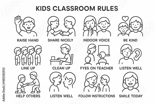 Illustrated kids classroom rules for positive behavior and interaction