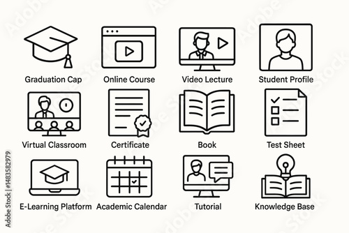 E-learning icons: graduation cap, online course, video lecture, student profile, virtual classroom