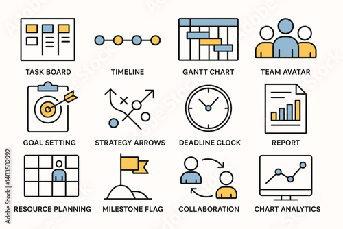Task management icons: timeline, gantt, collaboration, analytics, resources