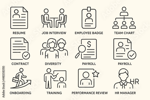 Human resources icons: resume, interview, badge, team, contract, diversity, payroll, onboarding, training, hr manager