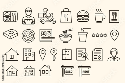 Food delivery icons: takeout, restaurant, and real estate outline set