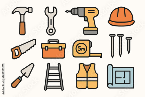 Colorful construction tools icons with blueprints and safety equipment