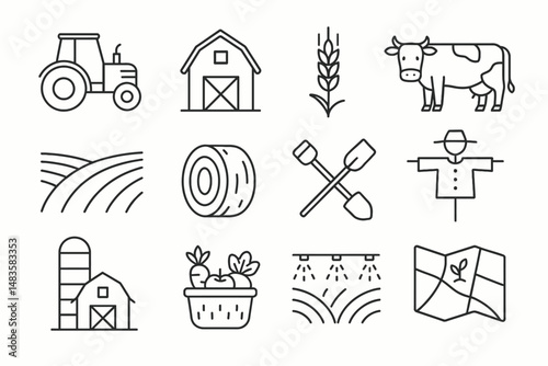 Farm equipment and agriculture icons including tractor, barn, cow, and crops