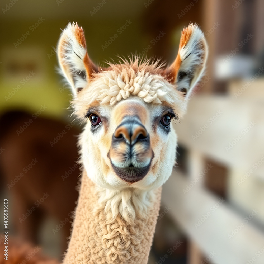 Obraz premium Charming Alpaca Portrait with Soft Wool and Bright Eyes against Blurry Background