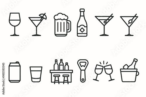 Outline icons of various drinks including wine, cocktails, beer, and liquor