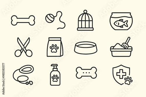 Pet care essentials: toys, grooming, food, bowls, litter box, leash, medicine