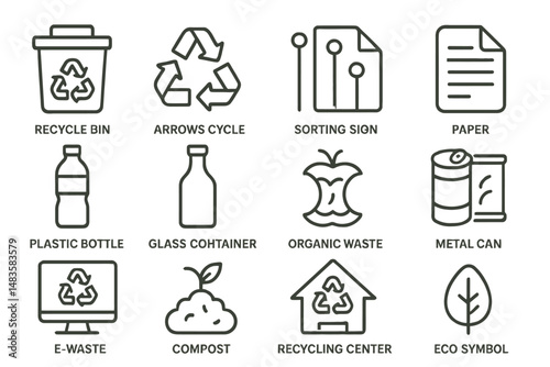 Recycling symbols and waste management icons on gold background