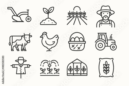 Outline icons of farming equipment, plants, animals, and farmer