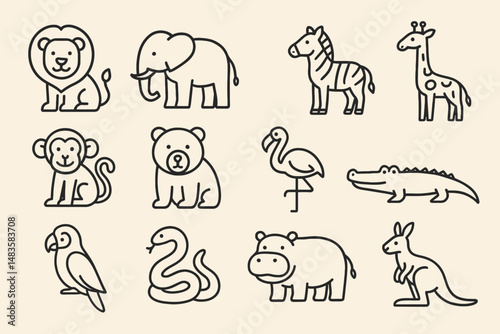 Outline illustrations of zoo animals: lion, elephant, zebra, giraffe, and more