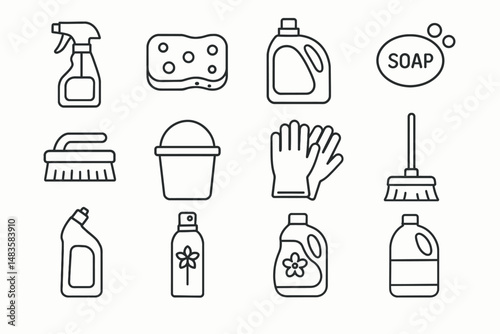 Cleaning tools: soap, detergent, spray bottle, bucket, gloves, sponge, brush, mop