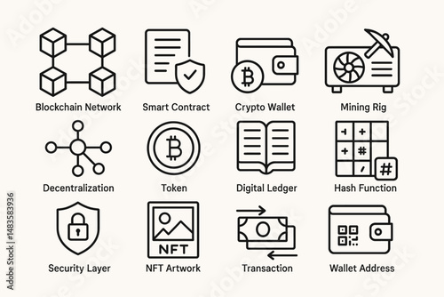Cryptocurrency and blockchain icons representing key concepts like wallets and smart contracts