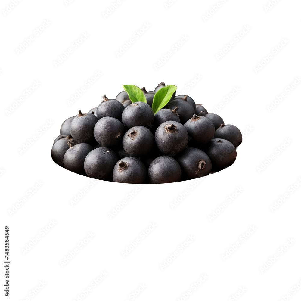 A pile of blueberries with a green leaf on top A pile of blueberries with a green leaf on top