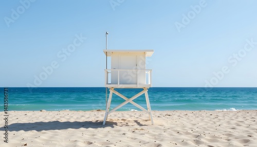 minimalist white lifeguard tower standing sentinel against clear blue sea