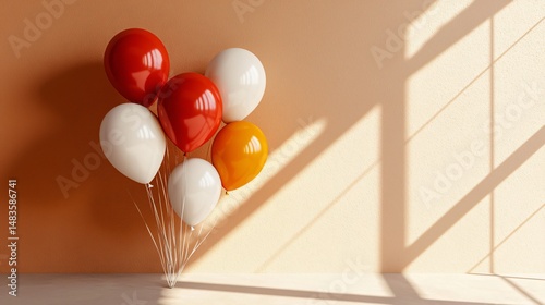 a realistic helium balloon string display in a staggered layout against a soft beige backdrop, direct light shadowing, high-definition color surfaces, balanced scene composition