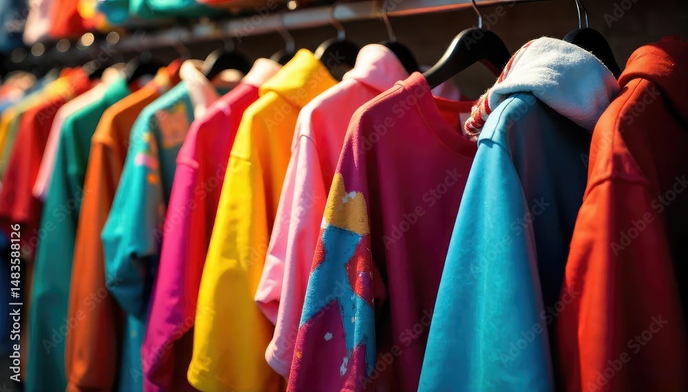 Fototapeta premium Group of vibrant carnival costumes hanging on a rack, ready for a party , celebration, decorations