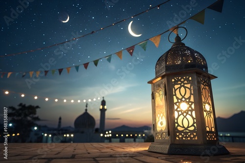 Eid ul Adha background with a glowing lantern and mosque symbolizing the festive spirit.