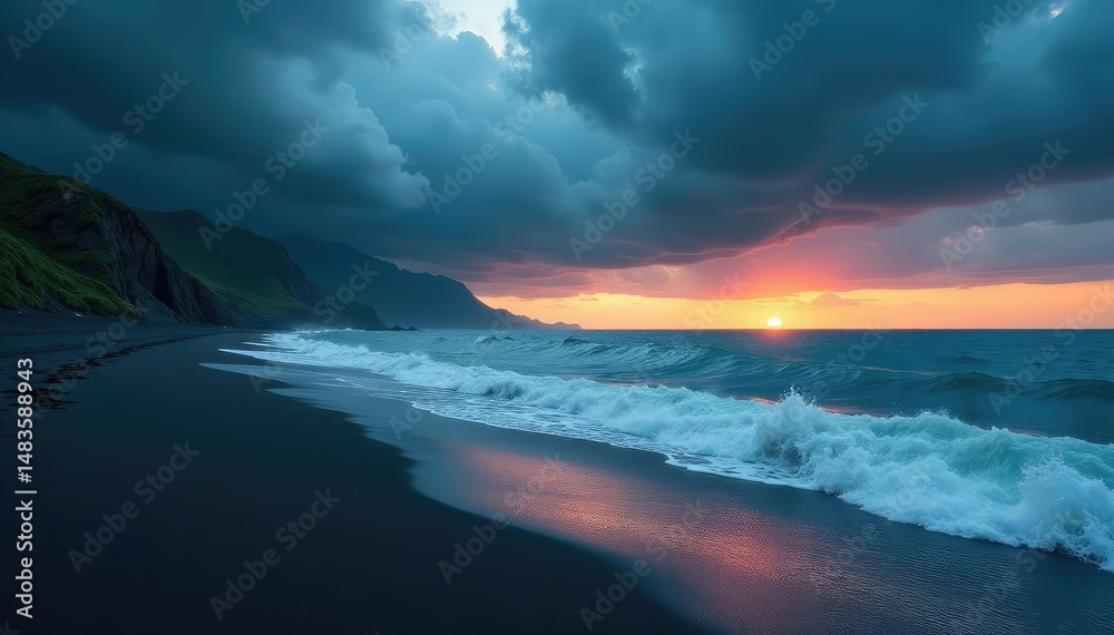 Naklejka premium Dramatic stormy sky over dark beach, crashing waves , sky, texture