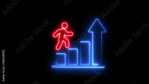 Glowing neon line of man sign icon and up arrow ,Money, profit, investment, growth business graph economy, finance and success concept.Business concept of victory, success, goal achiever Success icon 