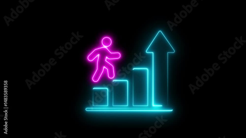 Glowing neon line of man sign icon and up arrow ,Money, profit, investment, growth business graph economy, finance and success concept.Business concept of victory, success, goal achiever Success icon 
