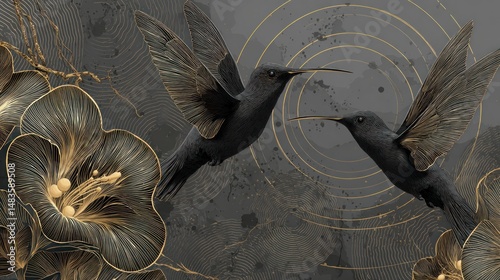 Fototapeta Naklejka Na Ścianę i Meble -  Dark hummingbirds amidst ornate floral design