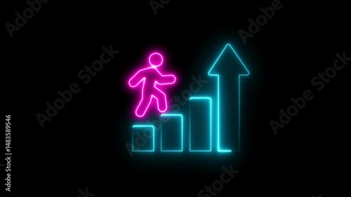 Glowing neon line of man conquering mountain graph peak icon on transparent background  Business concept of victory, success, goal achiever Success icon animation with neon line 