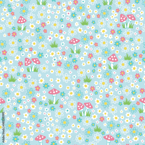 Vector seamless millefleur pattern. Ornate floral pattern. Amanita mushrooms among fantasy flowers, white daisies and mushrooms on a blue background