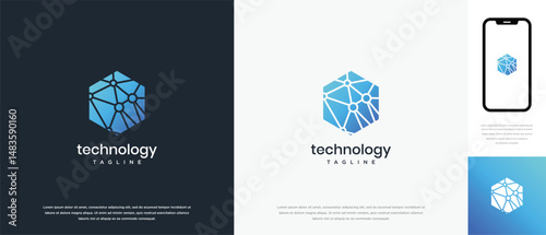 Technology hexagon logo design. Technology connection hexagon logo template. Technology logo symbol icon