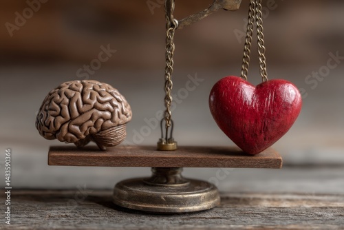 Balancing reason and emotion with a brain and heart on a vintage scale in a rustic setting