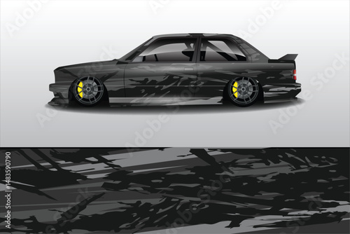 Sleek modified car design with dynamic graphics backdrop