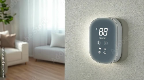 Modern smart thermostat mounted on a textured wall in a bright living room setting providing comfort.
