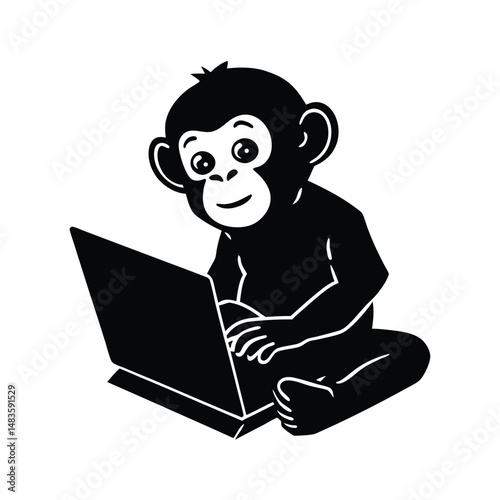 Baby chimp on a laptop vector silhouette