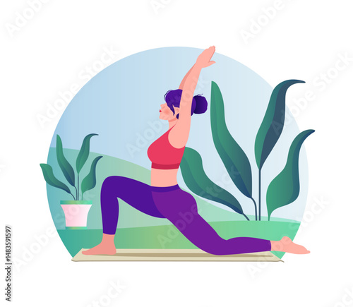 Woman doing yoga vector flat illustration on nature background