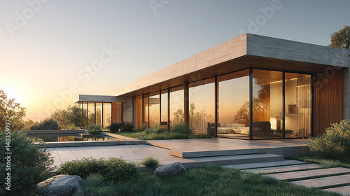 Modern Minimalist House Design with Glass Walls and Zen Garden at Sunset