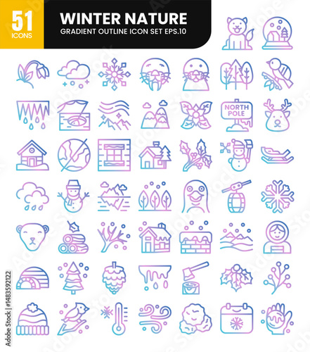 Winter nature gradient outline icons set.Vector illustration