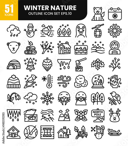 Winter nature outline icons set.Vector illustration