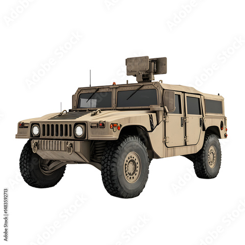Full shot of a military Humvee vehicle, featuring a sophisticated radar system mounted on the top.
