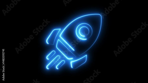 Glowing neon rocket icon, space technology, business boost Colorful neon light glowing rocket icon isolated dark video. Neon spaceship animation, flickering emergence and fading.