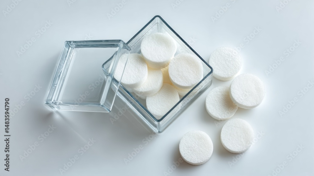 Fototapeta premium Small white circular candies in a clear plastic box