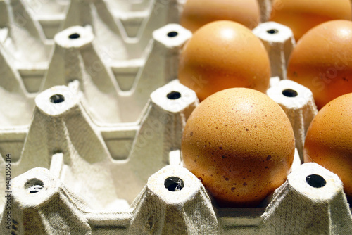 Fotografie A close-up photo of raw chicken eggs with brown, spotted shells lying in a half-filled carton