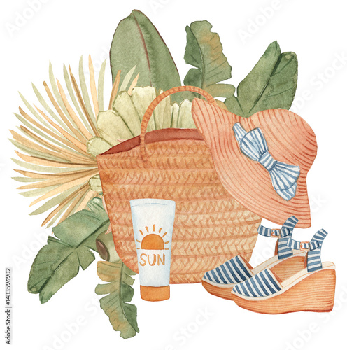 Watercolor illustration of a women’s summer look set: sandals, beach bag, hat, and sunscreen. Perfect for fashion, vacation designs, packaging, and digital projects.