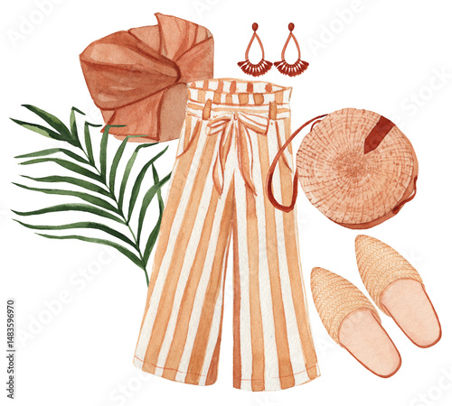 Watercolor illustration of a women’s summer look set: lightweight pants, top, clogs, handbag, and earrings. Ideal for fashion designs, packaging, postcards, and digital projects.