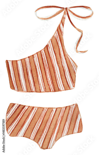 Watercolor illustration of a women’s striped bikini in beige tones. Perfect for summer fashion, beach designs, packaging, postcards, and digital projects.