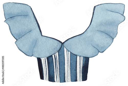 Watercolor illustration of a romantic women’s summer top with ruffle and blue stripes. Ideal for fashion designs, packaging, postcards, and digital projects.
