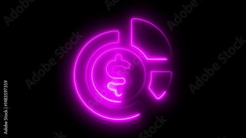 Glowing neon line pie chart animated icon with dollar icon. business charts for data analysis on black background neon dollar symbol within a financial pie chart element