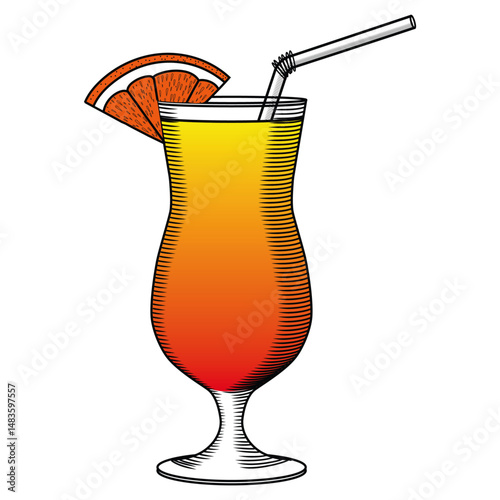 Cocktail sex on the beach vector color illustration in sketch style. Hand drawn line art of summer alcoholic drink with orange slice on isolated background. Shaded drawing for bar and me in retro styl