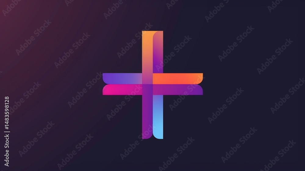 Fototapeta premium Colorful plus sign graphic, vibrant gradient on dark background
