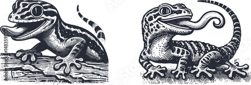 Playful Gecko Sticking Tongue Out | Fun Reptile Woodcut & Engraving Design for Nature-Inspired Art, Wall Decor