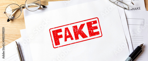 Red FAKE stamp on documents in simple workspace, document authenticity